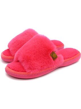 Women's Rose Red Indoor Memory Foam Soft Faux Fur Nonslip Open Toe Slipper Shoes